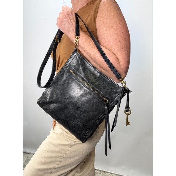 Fossil Handbags - Fossil Black Leather Crossbody Bag ZB5403 Maya Small Hobo Messenger Bag
